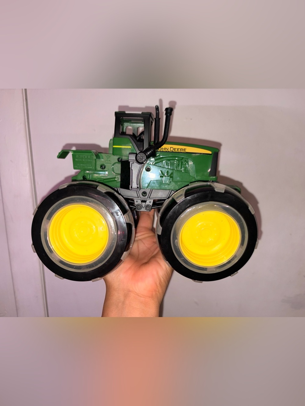 John Deere Green and Yellow Dual-Wheel Toy Tractor lights up